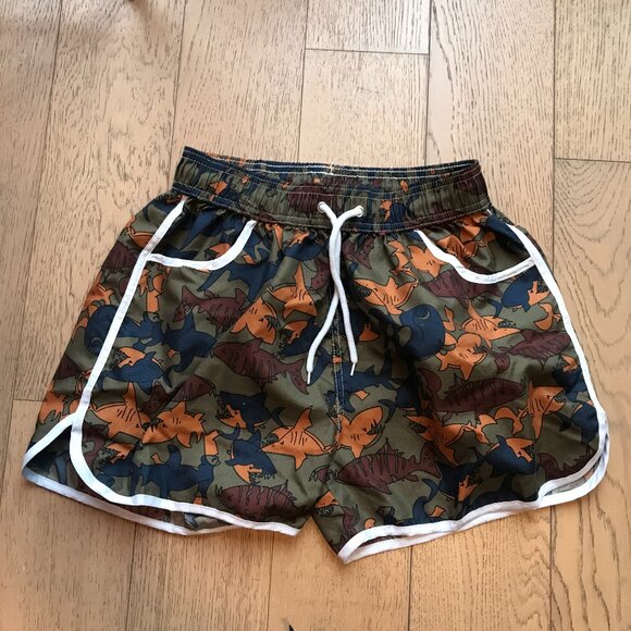 Men's Shark Print Swim Trunks - Green and Orange - Picture 1 of 3